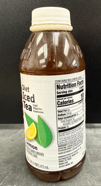 Wawa Diet Iced tea, Lemon 16 oz pint bottle (side view)