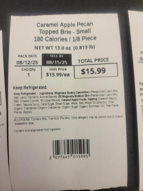 Wegmans Caramel Apple Pecan Topped Brie label