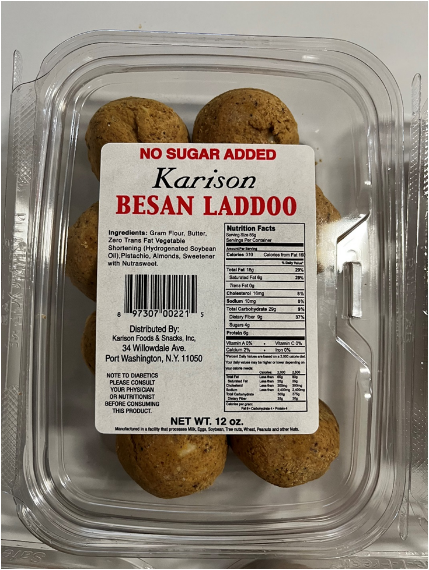 KARISON NO SUGAR ADDED BESAN LADDOO, NET WT. 12 oz., UPC 897307002215