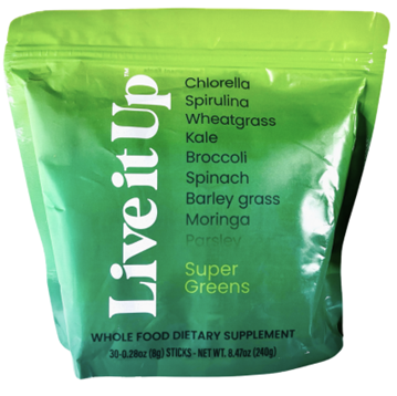 Front of package, Live it Up Super Greens 30-0.28oz sticks, NET WT. 8.47oz
