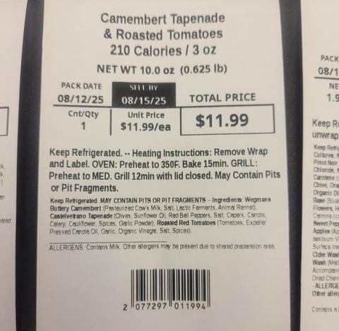Wegmans Camembert Tapenade and Roasted tomatoes label