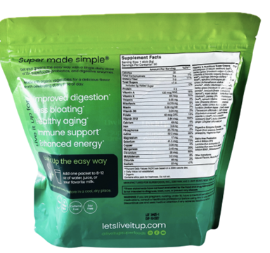 Back of package, Live it Up Super Greens 30-0.28oz sticks, Exp 10/2027