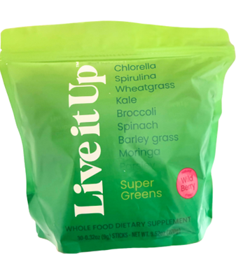 Front of package, Live it Up Super Greens 30-0.28oz sticks Wild Berry, NET WT. 9.52oz