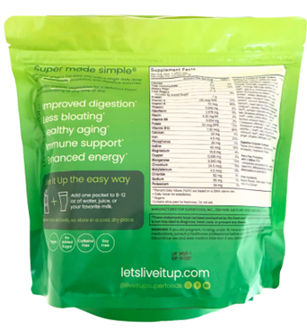 Back of package, Live it Up Super Greens 30-0.28oz sticks Wild Berry, Exp 10/2027