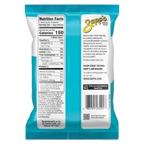 1.5 oz Zapp’s Bayou Blackened Ranch Potato Chips, back label