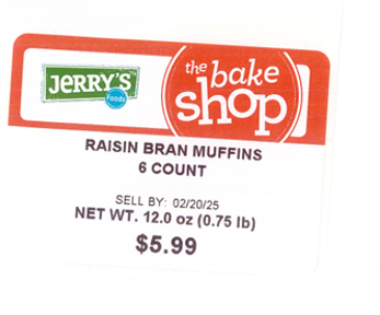 “Front label, County Market Raisin Bran Muffins 6 Count Net Wt 12.0 oz (0.75 lb)”