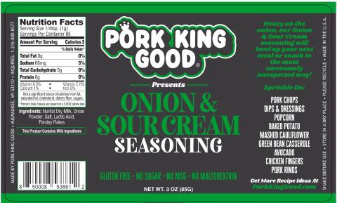 Label Pork King Good Onion & Sour Cream Seasoning NET WT 3 OZ, UPC 850008538612