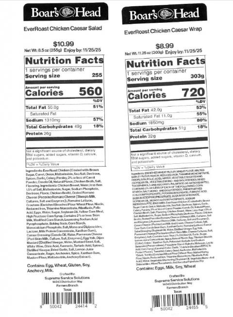 FDA Recall: Boar’s Head Chicken Caesar Salad and for Due to the potential presence of Listeria monocytogenes