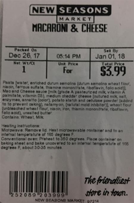 Label, New Seasons Market Macaroni and Cheese with UPC ending in 99