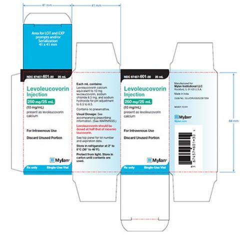 Product labeling outer carton, Mylan Levoleucovorin Injection 250 mg/25mL (10 mg/mL)