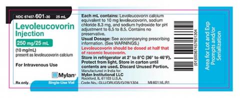 Product labeling Mylan Levoleucovorin Injection 250 mg/25mL (10 mg/mL)