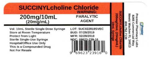 SUCCINYLcholine Chloride, 200mg/10mL (20mg/mL), WARNING PARALYTIC AGENT, Premier Pharmacy Labs