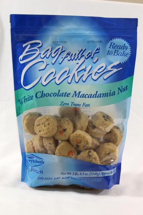 Product packaging showing the "Bag Full of Cookies" White Chocolate Macadamia Nut label