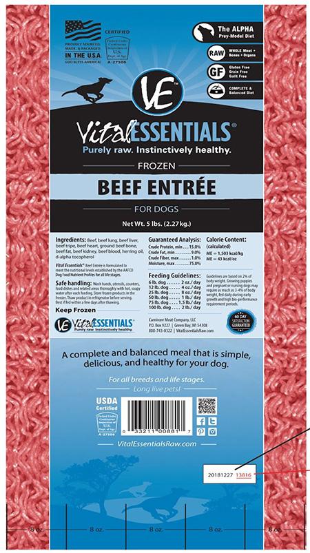 Product back label showing location of codes of Vital Essentials Frozen Beef Chub Entrée for Dogs, 5 lb