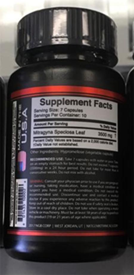 Product image back of bottle, NXTGEN Botanicals Maeng Da Kratom Supplement FACTS and UPC