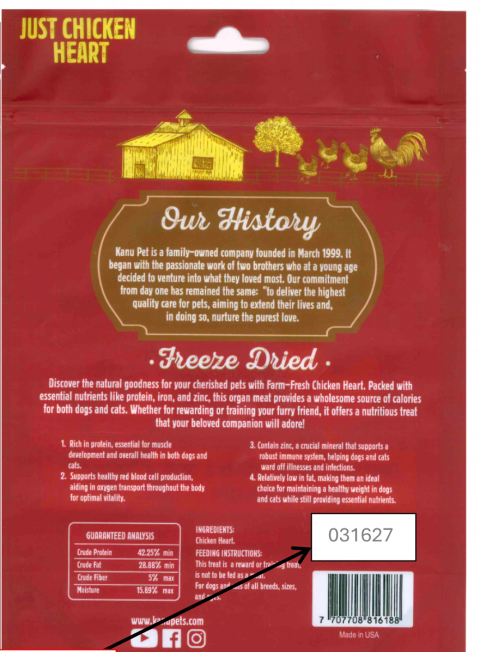 Kanu Pets Freeze-Dried Chicken Heart Raw Treats back label Lot 031627