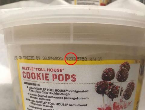 Image of Ready-to-Bake refrigerated cookie dough tubs showing location of batch code Impacted batch codes: 9189 through 9295