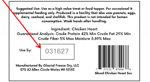 Sliced Chicken Heart 3 oz back label Lot 031627