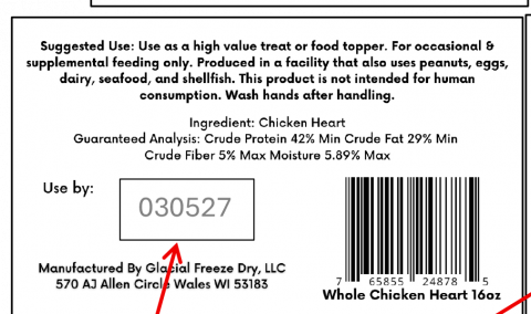 Whole Chicken Hearts 16 oz back label Lot 030527