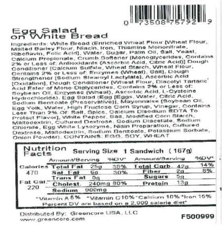 Back Label, Wraps and Sandwiches Egg Salad on White Bread, 5.9 oz.