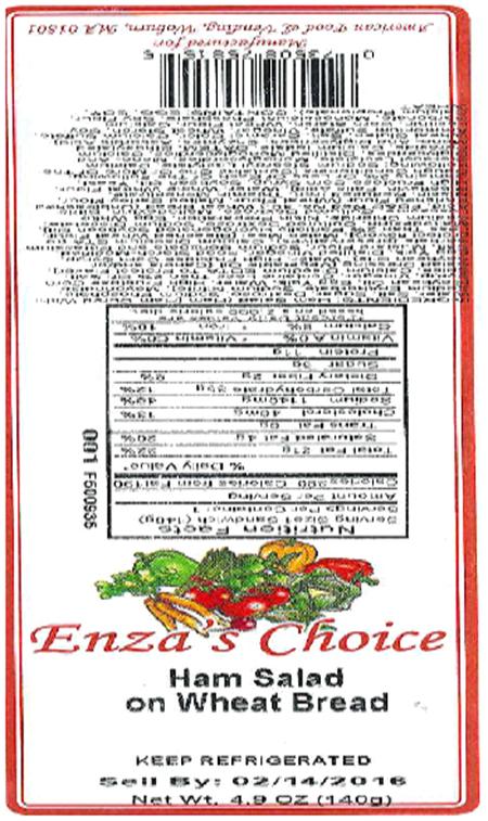 Label, Enza’s Choice Ham Salad on Wheat Bread, 4.9 oz.
