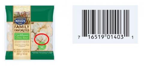 Mann's Cauliflower. US: Best if Used By in upper right corner and UPC on back of bag. Affected Product date codes: OCT 14 – 16, 2017