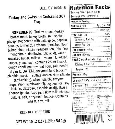 Label, Ukrops Turkey and Swiss on Croissant 3CT Tray
