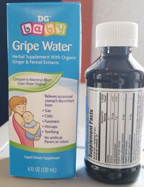 Product Photo: DG Baby Gripe Water - Primary and Supplemental Facts labeling