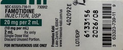 Vial label for Famotidine Injection, USP 20 mg per 2 mL Lot: 6133156, 2 mL