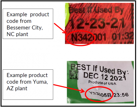 Outbreak Investigation of Listeria monocytogenes from Dole Packaged Salad - Sample Product Codes (December 22, 2021)