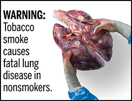 Um aviso rectangular de saúde do cigarro com um fundo branco e texto preto que lê: "AVISO: O fumo do tabaco causa doença pulmonar fatal em não fumadores." À direita do texto está uma ilustração fotorealista mostrando as mãos com luvas segurando um par de pulmões doentes contendo lesões cancerígenas causadas pela exposição crônica ao fumo passivo. O aviso é rodeado por um contorno preto."WARNING: Tobacco smoke causes fatal lung disease in nonsmokers." To the right of the text is a photorealistic illustration showing gloved hands holding a pair of diseased lungs containing cancerous lesions from chronic secondhand smoke exposure. The warning is surrounded by a black outline.