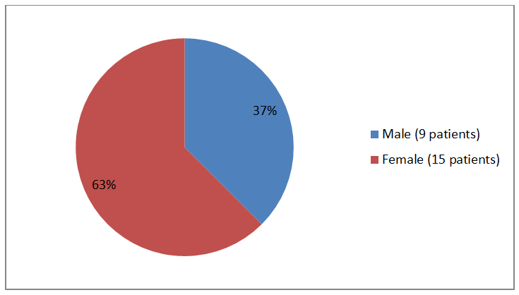 Pie chart summarizing how many males and  females  were in the clinical trial. In total, 9 males (37%) and  15 females  (63%) participated in the clinical trial.