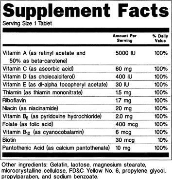 sample Supplement Facts label containing multiple vitamins