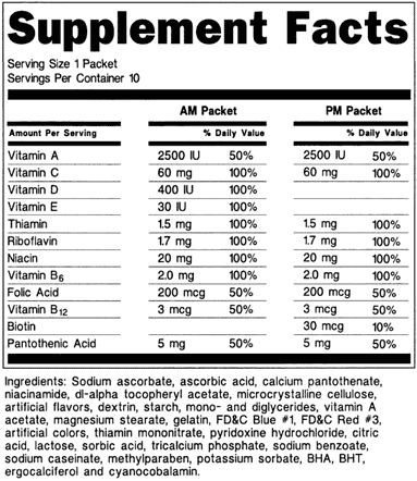 sample Supplement Facts label for multiple vitamins in packets