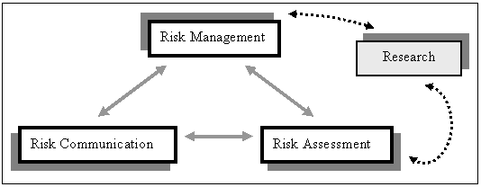 Two-way arrows connect Risk Management, Risk Communication and Risk Assessment to each other to form a triangle; it shows that there is a two-way flow of information among all of the three components. At times a risk management decision can be postponed until further research can be conducted.  This relationship is shown in the figure with the placement of research between risk assessment and risk management.
