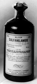 Medicine bottle showing the product name Elixir Sulfanilamide