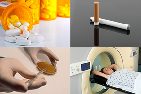 Montage of photos of medicines, CT scan, petri dish, tobacco