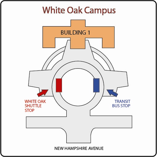 Map showing the location of the White Oak Shuttle Bus Stop on the White Oak Campus