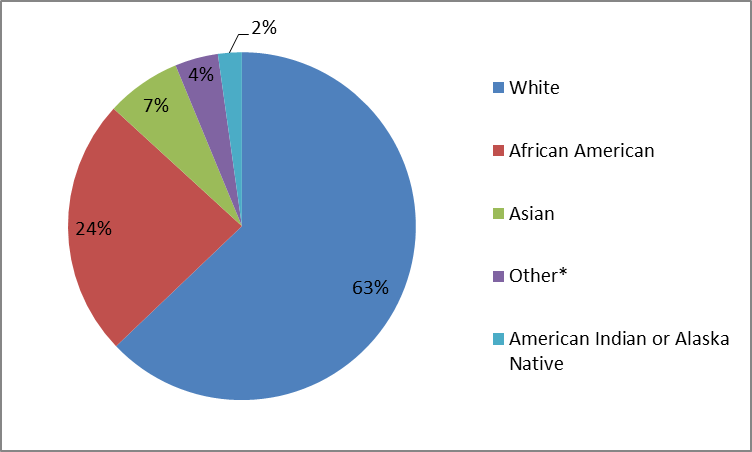 Bar chart summarizing the percentage of patients by race enrolled in the REXULTI clinical trial. In total, 767 White (63%), 272 Black (24%), 85 Asian (7%), 27 American Indian or Alaska Native (2%), 49 identified as Other (4%).