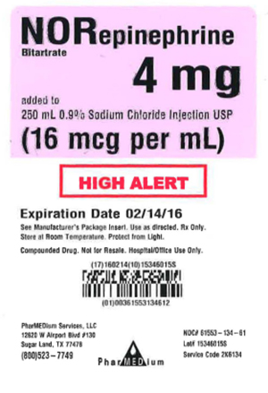 Label-4mg Norepinephrine Bitartrate (16mcg/mL) added to 0.9% Sodium Chloride in 250mL Viaflex Bag