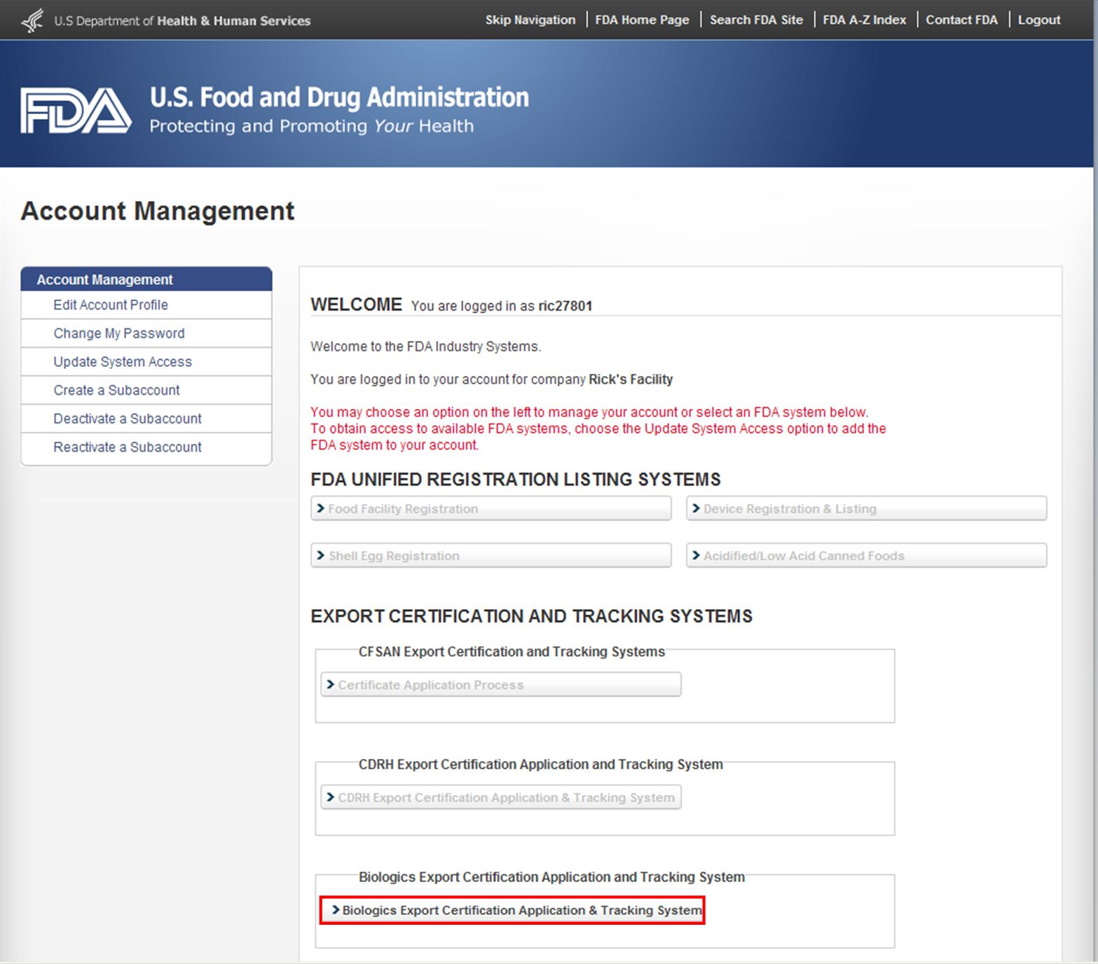 FDA Industry Systems Page