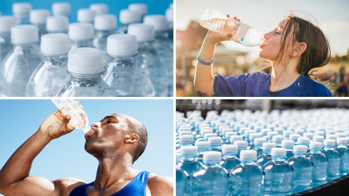photo collage of plastic bottles of water, a young girl on an athletic field drinking bottled water, and athletic man drinking 