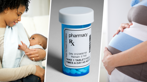 Photo collages of a breastfeeding mom, a bottle of prescription pills, and a pregnant woman
