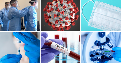 6 photos: FDA Commissioned Corps officers donning protecting gowns, gloves, masks and visors; 3D illustration of the coronavirus; cotton facemask; physician wearing medical gloves drawing vaccine or antiviral drug from vial with a syringe; closeup of blood in beaker labeled COVID-19 Positive; closeup of scientist preparing to examine sample under microscope