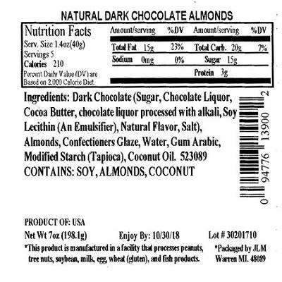 Nutrition Facts Panel – ALL NATURAL DARK CHOCOLATE ALMONDS 7 oz. February 2017 – October 2018 UPC 94776139002