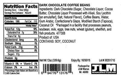 Nutrition Facts Panel – GENERIC DARK CHOCOLATE COFFEE BEANS 12 oz. February 2017 – October UPC 2018 94776131761