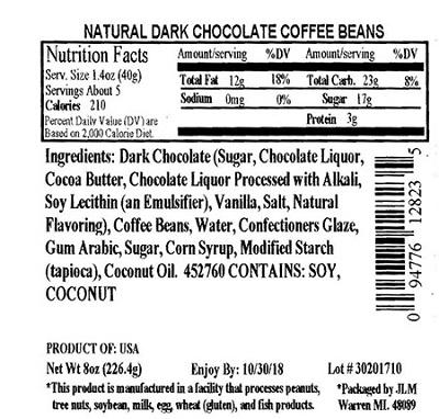 Nutrition Facts Panel – ALL NATURAL DARK CHOCOLATE COFFEE BEANS 8 oz. February 2017 – October, UPC 2018 94776128235