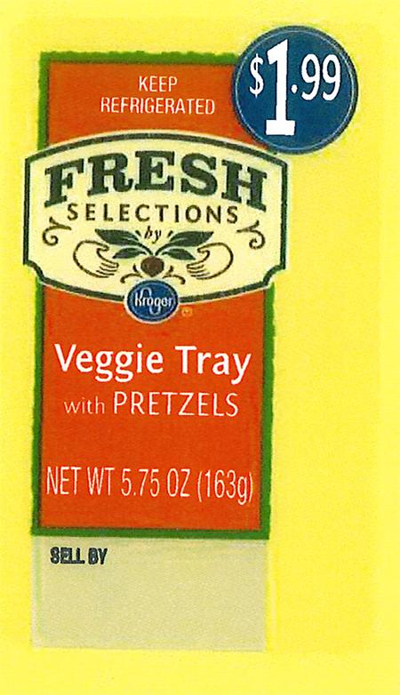 "Front and back labels: Fresh Selections by Kroger Veggie Tray with Pretzels"