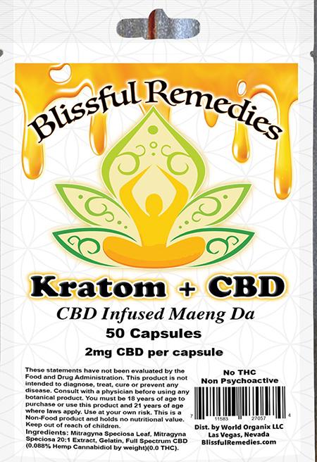 "Blissful Remedies, Kratom + CBD, CBD Infused Maeng DA, 50 Capsules, 2 mg CBD per capsule"