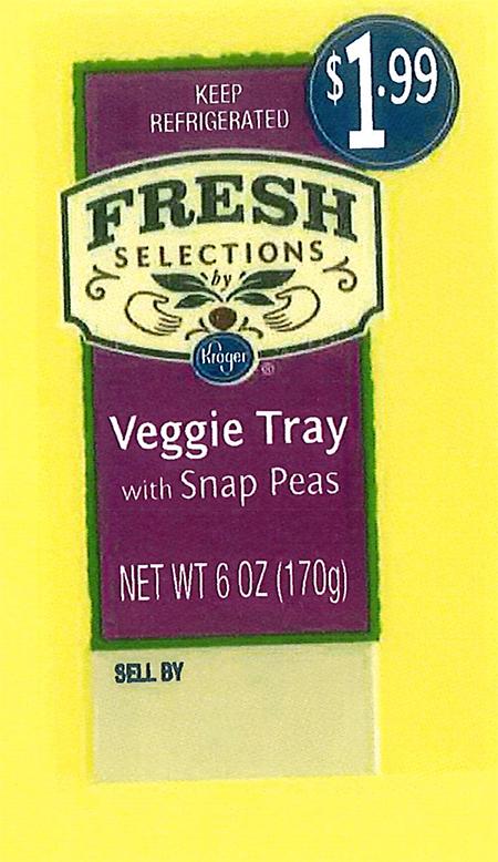 "Front and back labels: Fresh Selections by Kroger Veggie Tray with Snap Peas"